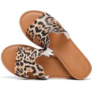 KOLILI Womens Flat Slide Sandals,Leopard Sandals, H Band Sandals Dressy